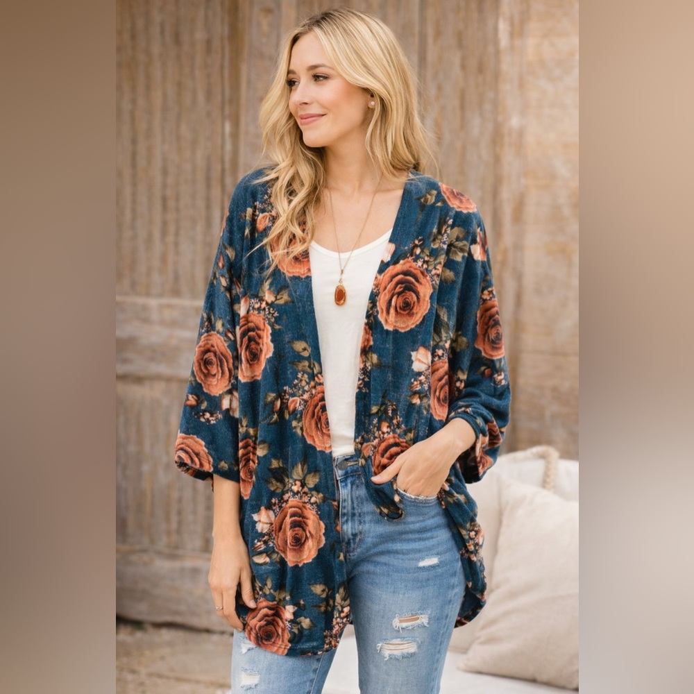 Celeste XL Floral Cardigan Teal Rose Print Oversized Open Front Dolman Sleeve
